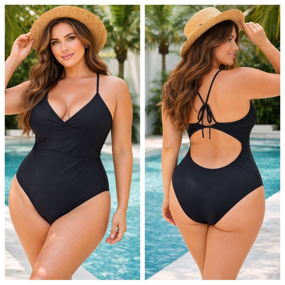 Ekouaer Black One Piece Swimsuit Cutout Back Tie Adjustable Straps NWT Large